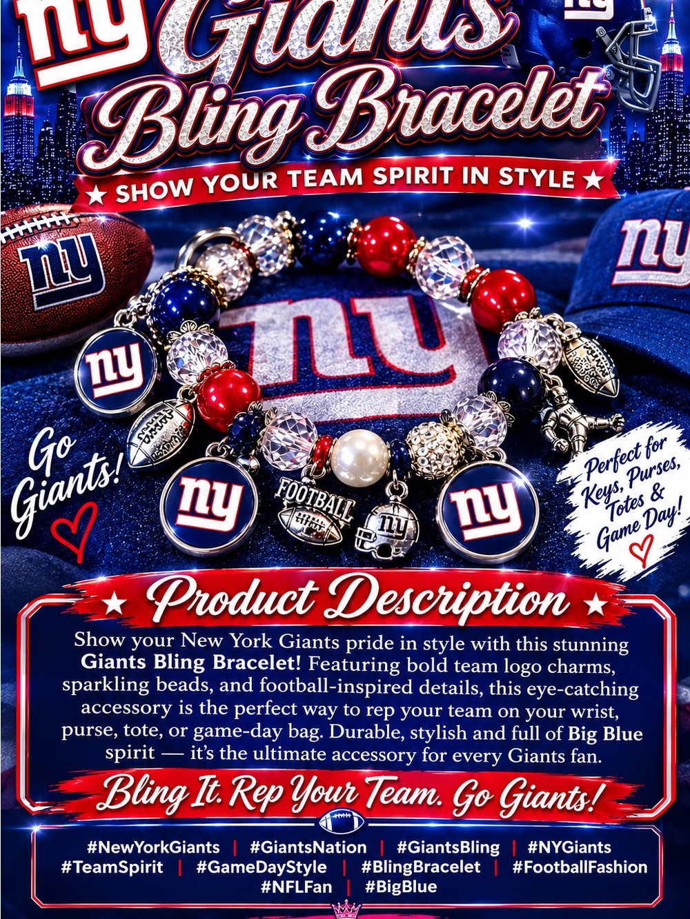 Bling Bracelet NY Giants - Blue & Red Team Charm Bracelet